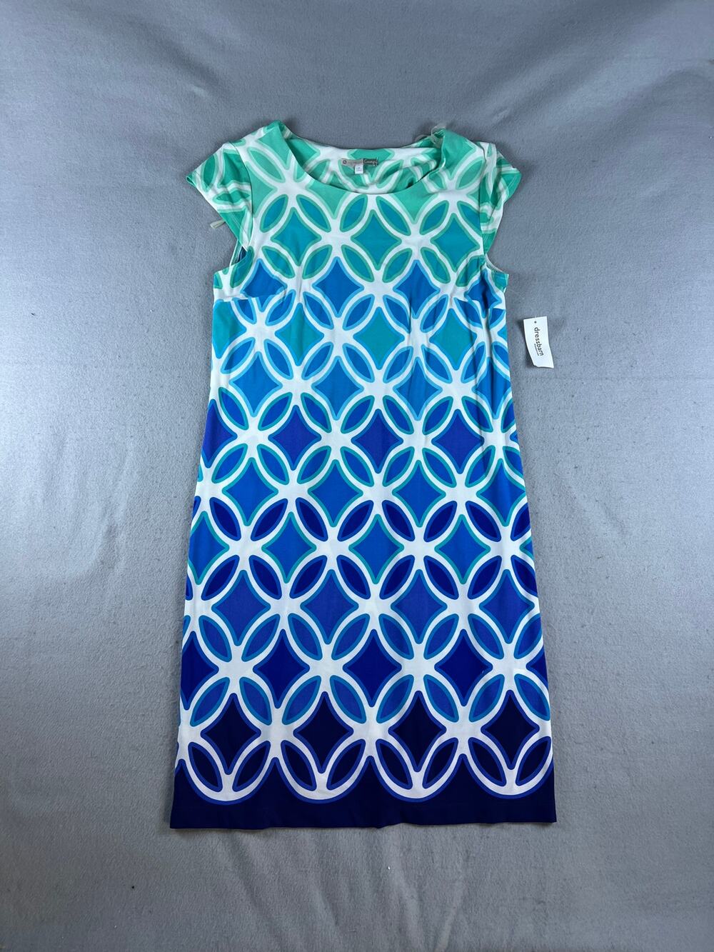 Dressbarn Signature Camryn Dress Womens 12 Blue Green Geometric Ombre Sheath NWT